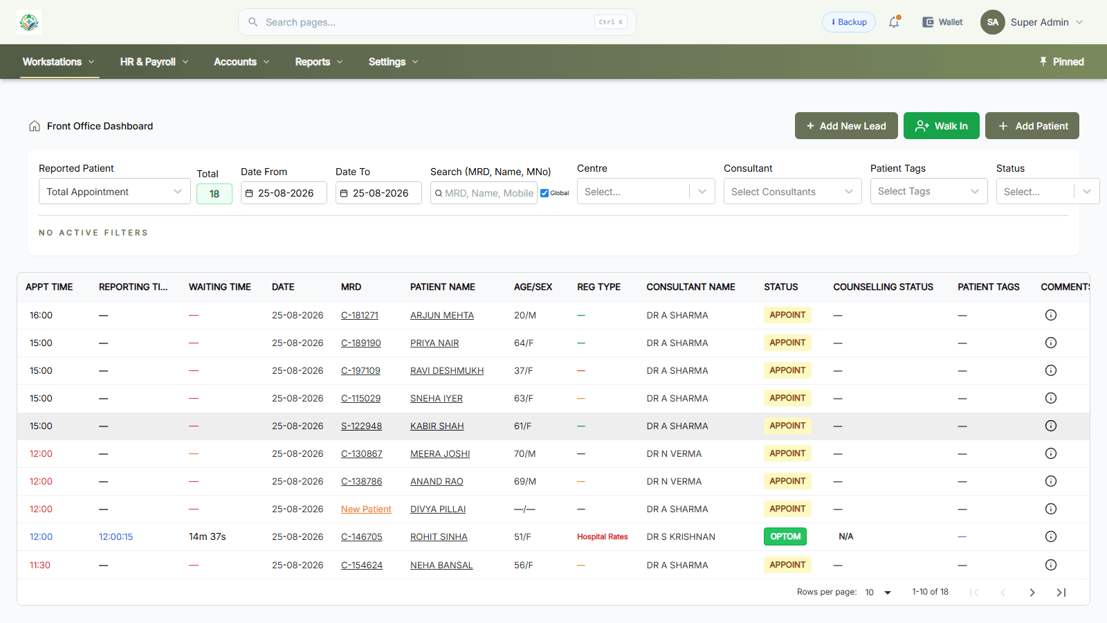 The front-office dashboard listing a day of appointments with MRD, consultant, status and counselling status