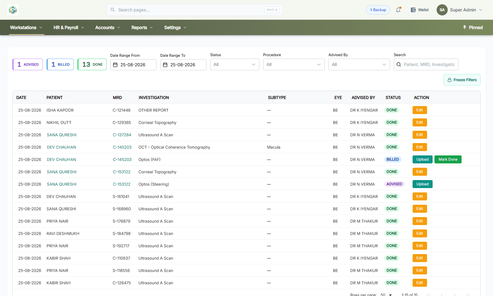 The investigation dashboard listing OCT, corneal topography and Optos studies with eye, advising clinician and status