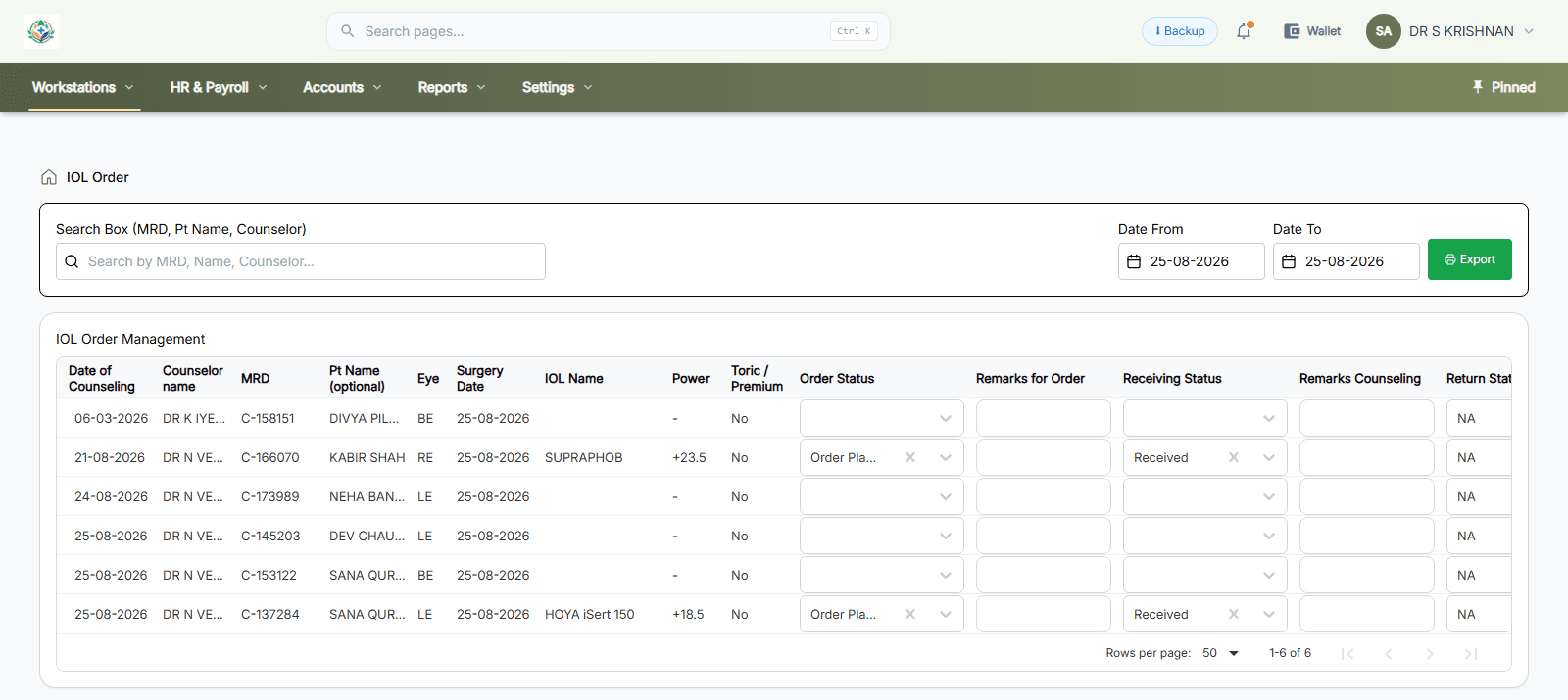 The IOL order screen showing lens name, dioptre power, toric flag, order status and receiving status per patient