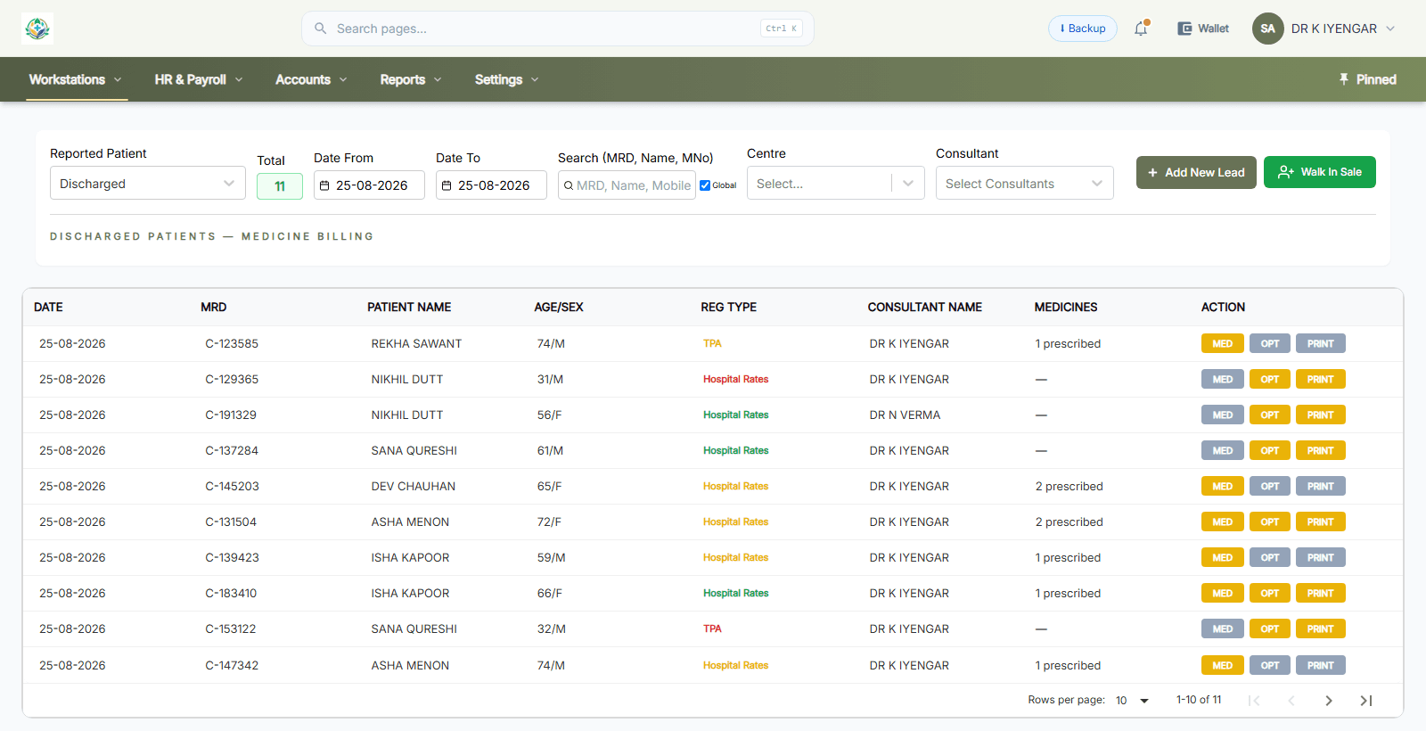 The pharmacy dashboard listing discharged patients for medicine billing with prescription counts and billing type