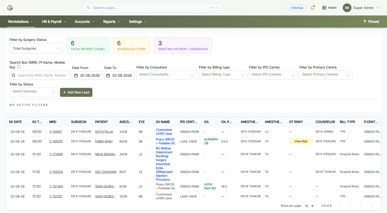 The operation-theatre dashboard listing a day of surgeries with surgeon, eye, procedure, IOL, power and anaesthesia